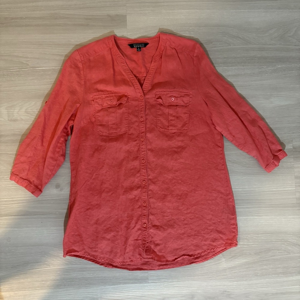 Nicole Miller Women Shirt Original Coral Pink Linen Button Down 3/4 Sleeve Siz L